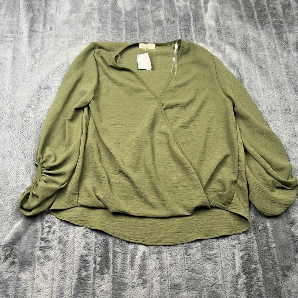 Entro Joyce Bubble Sleeve Top Olive Green Surplice V-Neck Blouse 5290 Size S